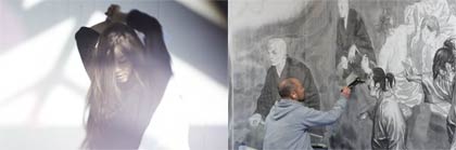 片平里菜さんのスチールと井上雄さんが屏風「親鸞」を描いているときのスチール