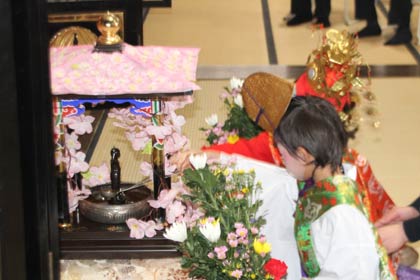  灌仏会で釈迦の誕生像に甘茶をかける稚児