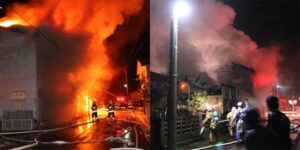 26日未明に燕市吉田地区で発生した連続不審火、左は東栄町、右は西太田の火災
