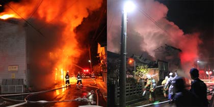 26日未明に燕市吉田地区で発生した連続不審火、左は東栄町、右は西太田の火災