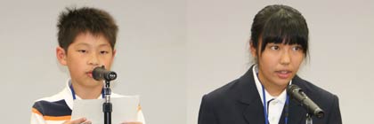 受講生代表で抱負を述べる吉田小6年関川君(左)と小池中2年長井さん