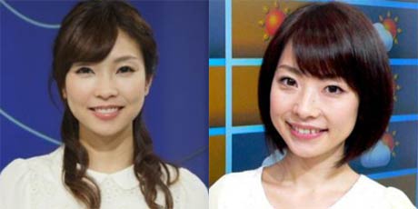  「わくわくお天気教室」の講師、NHK「ニュース7」のお天気おねえさん寺川奈津美さん(左)とNHKラジオの奈良岡希実子さんの2人の気象予報士
