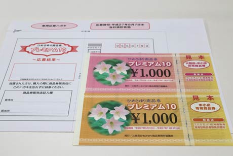  「プレミアム10」の商品券と専用応募はがき