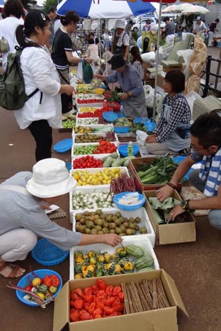 12日の盆市、精霊棚を飾る色とりどりの小さな野菜が並ぶ