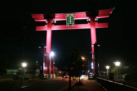 ライトアップが始まった大鳥居