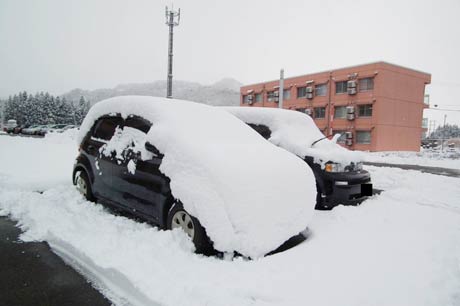 ボンネットやルーフが雪ですっぽり覆われた車