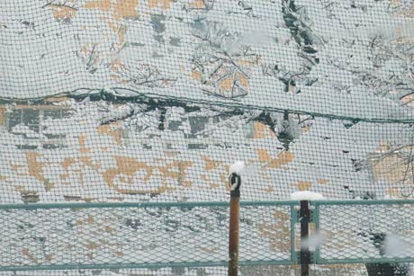 燕市立燕南小学校のグラウンドにネットに張り付いた雪