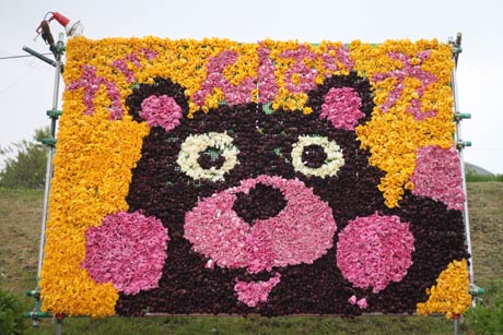 燕市大曲河川公園に出現したチューリップアートのくまモン