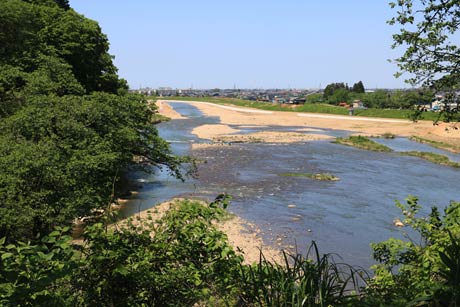  道心坂から五十嵐川下流側を見下ろした写真、クマは左岸から右岸へ五十嵐川を渡った