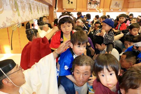 みこしなどに続いて拝殿に上がって参拝し藤崎宮司をはじめ神官から子どもの頭をなでてもらう