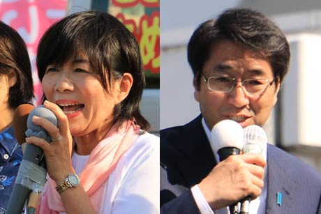 選挙戦での森裕子氏と中原八一氏