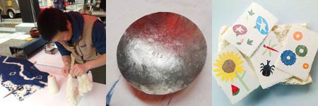 ワークショップで作る上段左から24日の「タタラ成形による小皿作り」、「木のティースプーンをつくろう」、「鳥の箸置きづくり」、下段左から31日の「手ぬぐい藍染めワークショップ」、「銅の小皿づくり」、「オリジナル手漉きはがきを作ろう」
