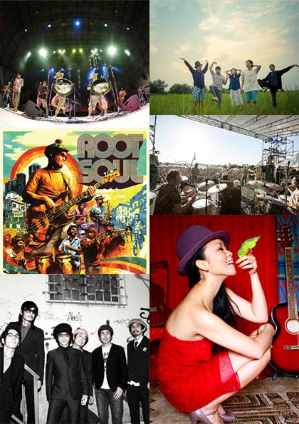出演アーティスト、左上から時計回りに「LITTLE TEMPO」「bonobos」「Dachambo」「Keyco」「Soulcrap」「池田憲一 a.k.a. ROOT SOUL」