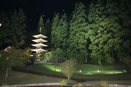 酒呑童子行列をPRする道の駅国上裏手の酒呑童子神社のライトアップ