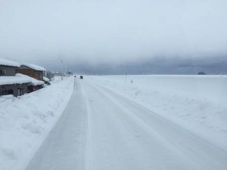 道路が見えず雪のわだちのある所が道路