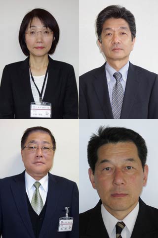 左上から時計回りに福祉保健部長兼社会福祉事務所長に昇任の近藤晴美健康づくり課長、議会事務局長に昇任の駒形一興教育委員会教育総務課長、消防長 消防監に昇任の堀内芳雄消防本部次長兼消防署長 消防指令長、教育委員会教育部長に昇任の栗山貴行税務課長
