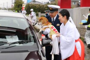 弥彦でみこと交通安全広報犬も加勢して交通安全を呼びかけ