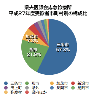 県央意識亜応急診療所平成27年度受診者の市町村別の構成比