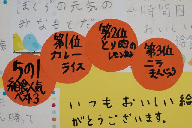 西部給食センターに張られた小学生の給食人気ベスト3の第2位に鳥肉のレモン和え