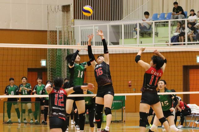  燕市バレーボール協会設立10周年記念事業の招待試合でNECレッドロケッツ（黒に赤のユニホーム）と新潟医療福祉大（黒に緑）が対戦