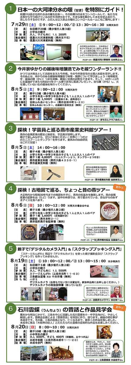 夏休み特別企画の親子向け「燕三条まちあるき」のパンフレットの各コースの愛用