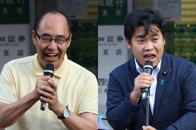 カラオケを披露する細田衆院議員(左)、鷲尾衆院議員(右)