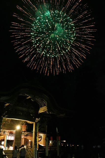 奉納花火が打ち上がるなか拝殿では宵宮祭の神事が行われた