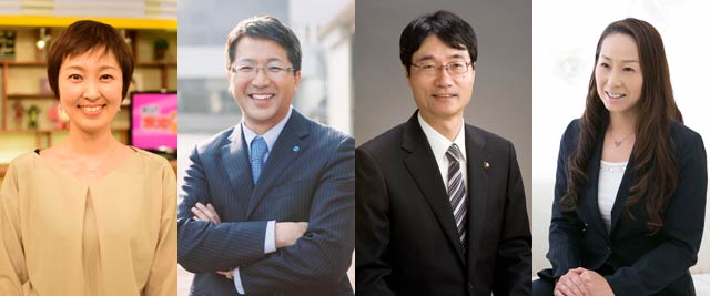 左から総合司会とパネルディスカッションのコーディネーターのフリーアナウンサー伊勢みずほさん、パネリストのツイバード工業・野水重明社長と鈴木力燕市長、燕市内企業取り組み発表を行う栄工業・山村則子社長