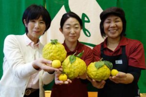 「冬至」にゆず湯のサービスを行う「森の湯小屋 さぎの湯 しらさぎ荘」の風呂に浮かべるユズと大きな獅子柚子