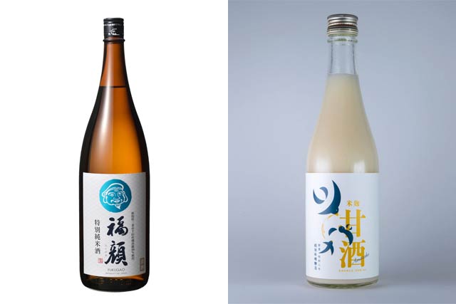試飲できる福顔酒造の創業120周年記念の特別純米酒「福顔」(左)と越後味噌醸造の甘酒