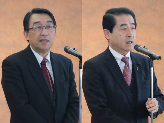 燕政経懇話会の細川会長(左)と桜井県議