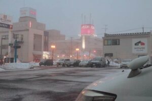 17日17:25 燕三条地場産業振興センターからイオン県央店が吹雪でかすんで見える