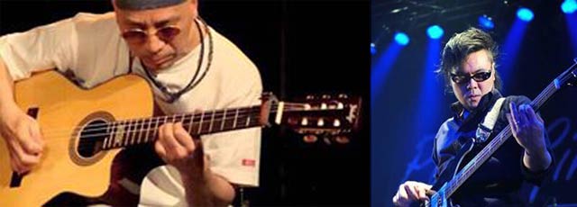 左から長渕剛のライブに数多く出演しているアコースティックギターのの笛吹利明さん、右がベースのサトウレイさん