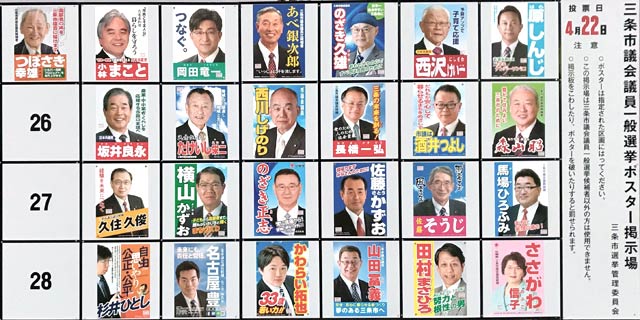 三条市議選ポスター掲示場に張られた立候補者のポスター