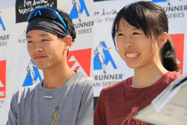 バーティカルキロメーターで男子優勝の上田瑠偉、女子優勝の高村貴子