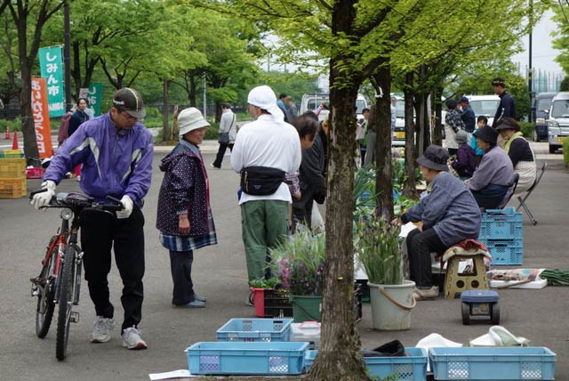 三条パール金属スタジアムわきで今シーズンの営業が始まった13日の「しみん朝市」