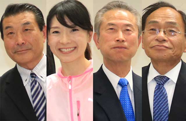 町長選に立候補した左から笹川氏、今井氏、佐野氏、皆川氏（25日開かれたパネルディスカッション「田上町の未来を考える」で撮影）