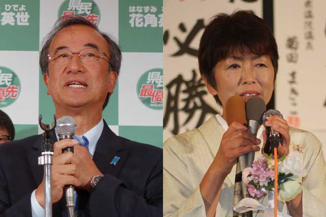 県知事選に勝利した花角氏(左)と敗れた池田氏