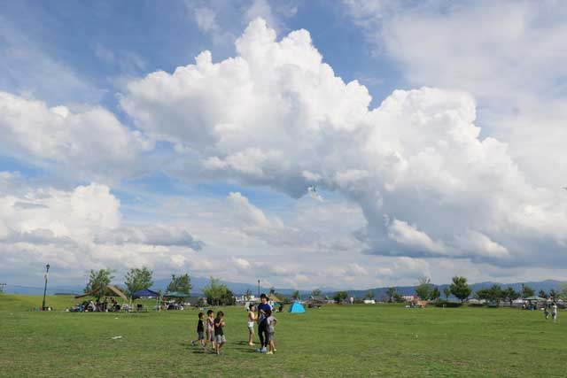 見附市の「道の駅 パティオにいがた」芝生の広場と入道雲