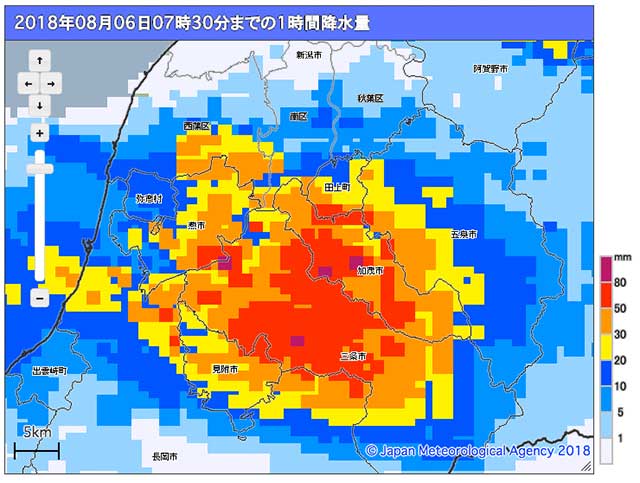 6日午前7時半までの1時間降水量（気象庁のホームページより）