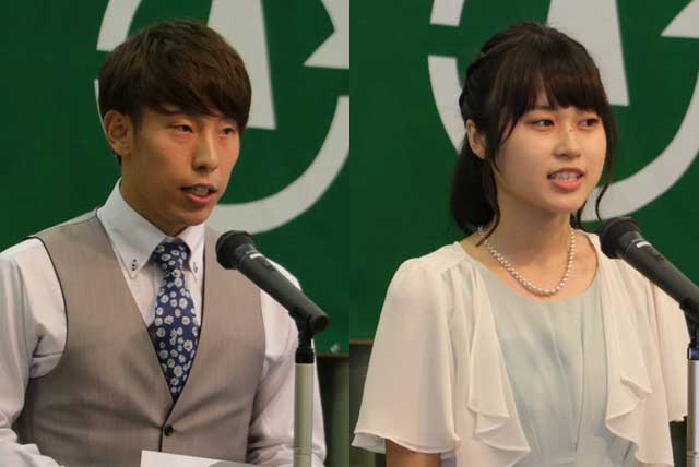 成人を迎えての感想と決意を発表する後藤さん(左)と藤原さん