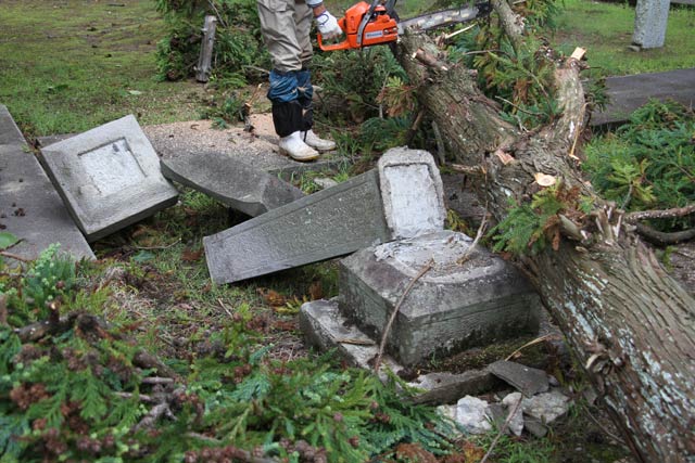 スギの倒木で倒れた諏訪神社の石灯ろう