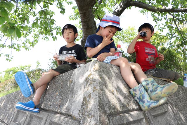 田植えを終わって配布されたおにぎりを食べる子どもたち