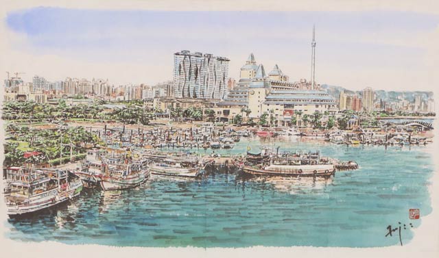 会場に展示している台湾の展覧会でも展示した「台湾　淡水港風景」