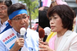 選挙戦の火ぶたを切り燕三条へ入った打越氏(右)と塚田氏