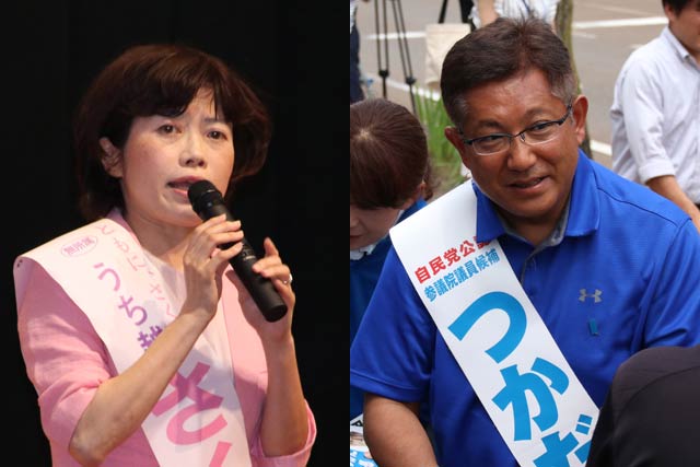 12日に三条市総合福祉センターで演説する打越氏と18日に三条市役所前で演説する塚田氏