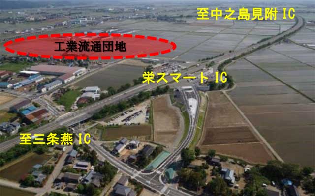 栄スマートインターチェンジと来年度に分譲開始の工業流通団地の位置