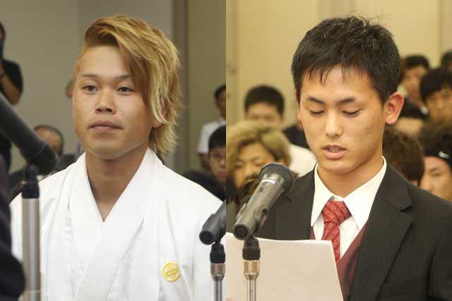 成人者宣誓の野本さん(左)と交通安全の誓いの星野さん