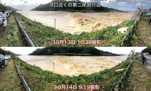 第二床固付近で濁流に変わる大河津分水を13日、14日と同じ場所から撮影