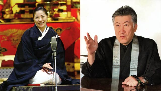 節談説教を行う祖父江佳乃有隣寺住職(左)、法和を行う武田定光因速寺住職(右)